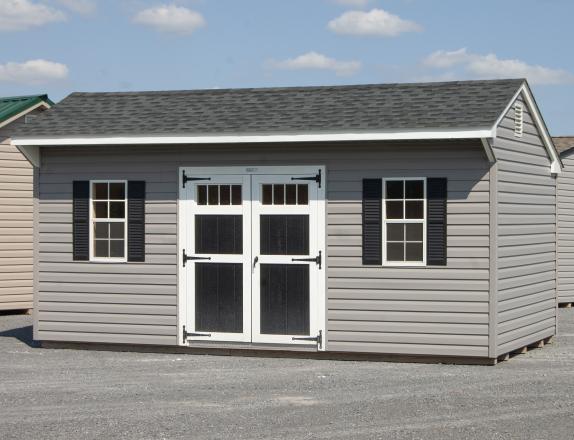 10x18 Cottage Style Storage Shed with Vinyl Siding and Wood Double Doors