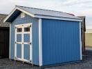 10x10 Peak Shed light blue LP SmartSide siding with White trim and light grey metal roof